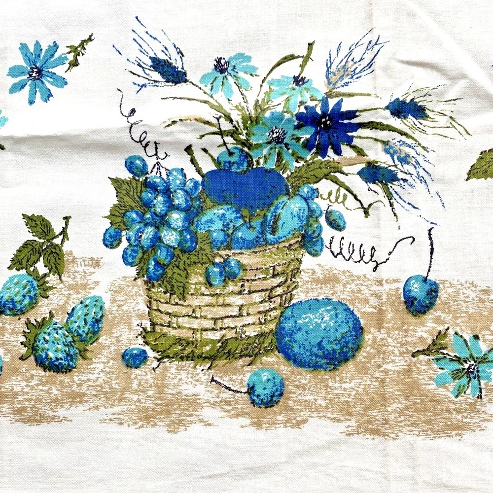 Vintage Tablecloth 70’s Handmade Picnic Buffet Cloth Aqua Blue Tan Fruit Basket